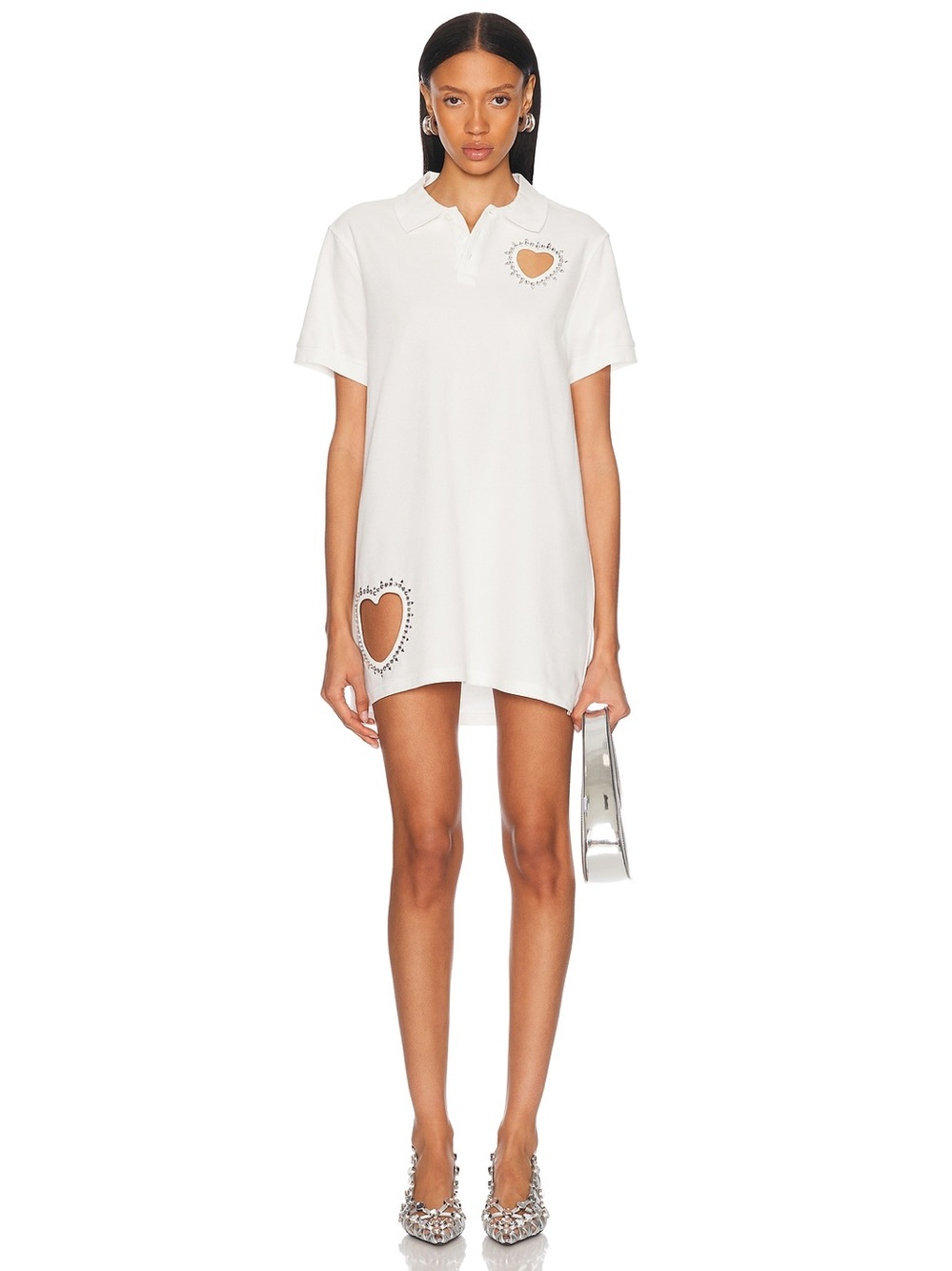 AREA Crystal Heart Cutout Polo Dress in White, Size Large